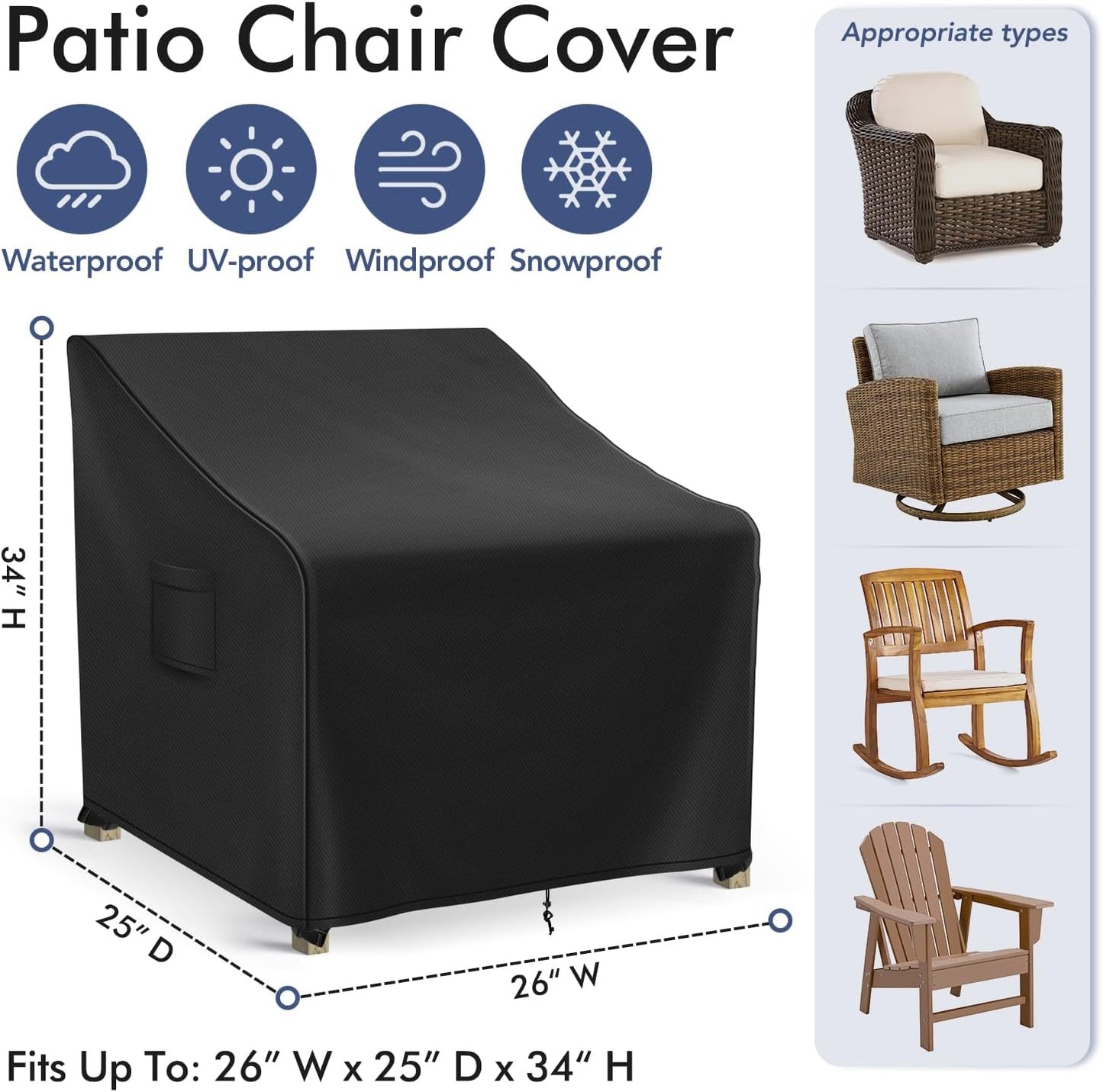 Patio Furniture Covers Waterproof for Chairs, Lawn Outdoor Chair Covers 2 Pack, Patio Chair Covers for Outdoor Furniture Fits up to 26W x 25D x 34H inches, Black