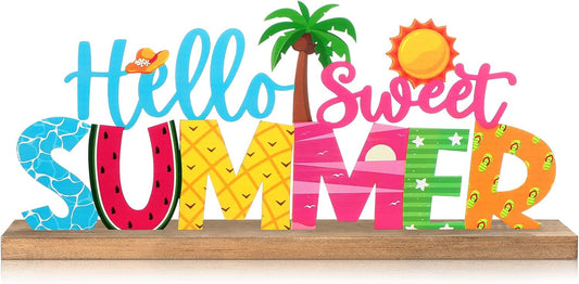 Hello Sweet Summer Metal Sign Rustic Table Decor Holiday Tiered Tray Decor with Wooden Base Freestanding Metal Word Sign for Home Tabletop Centerpiece Mantel Shelf Fireplace