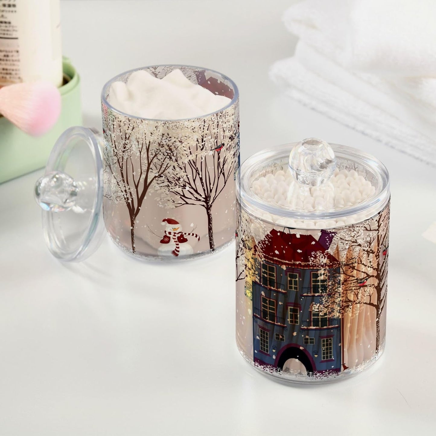 Christmas Winter Qtip Holder Dispenser 4 Pack Snowmen Snow Courtyard with Trees Apothecary Jars with Lids Bathroom Vanity Countertop Canister Storage Organizer for Cotton Ball,Swabs,Pads,Floss
