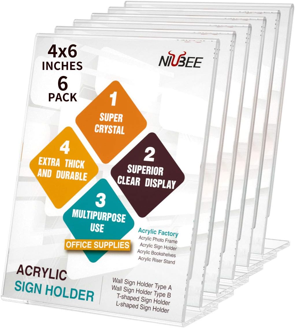 NIUBEE 6Pack Slant Back Acrylic Sign Holder 4x6 inches, Clear Vertical Picture Frames, Desktop Flyer Holder Document Holder Paper Display Stand