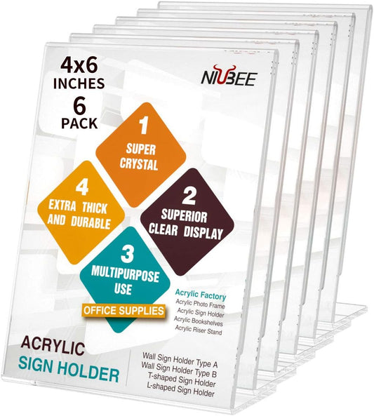 NIUBEE 6Pack Slant Back Acrylic Sign Holder 4x6 inches, Clear Vertical Picture Frames, Desktop Flyer Holder Document Holder Paper Display Stand