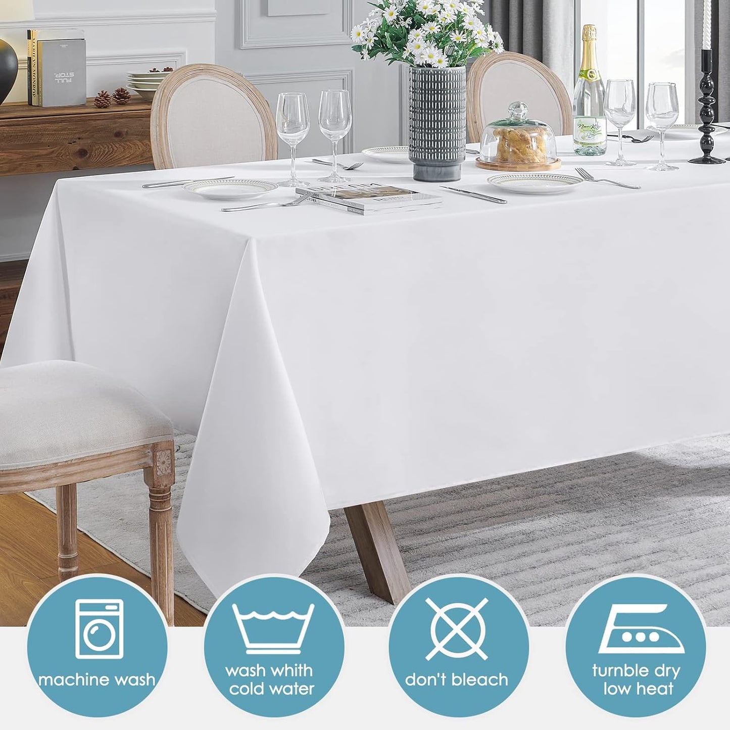 VidaFete 60*84inch Rectangle Tablecloth Polyester Table Cloth，Stain Resistant and Wrinkle Polyester Dining Table Cover for Kitchen Dinning Party Wedding Rectangular Tabletop Buffet Decoration(White)
