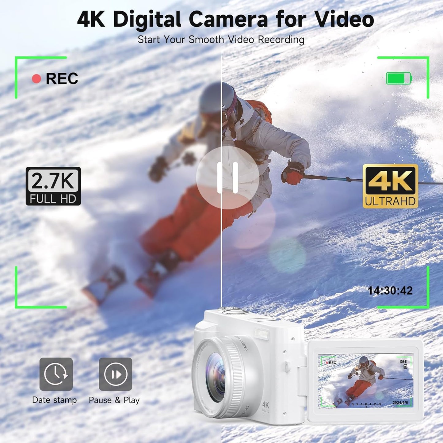 Zostuic 4K Digital Camera, 48MP Autofocus Anti-Shake Vlogging Camera for YouTube Video, 3'' 180Flip Screen with Flash 16X Zoom 32GB Card, Compact Travel Camera with Battery Charger