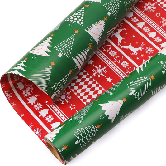 Ribbli Christmas Wrapping Paper Reversible Green Christmas Tree and Red Reindeer Gift Wrapping Paper Rolls Holiday Presents Decoration-17 Inch x 33 Feet