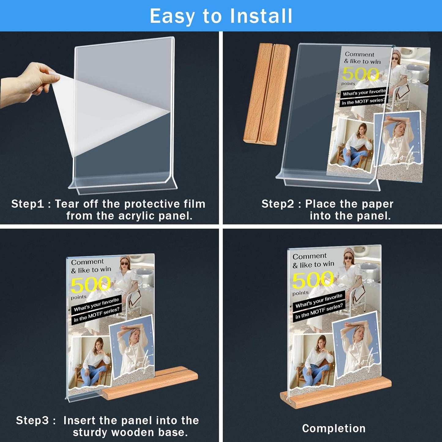 Kersally Acrylic Sign Holder 4 x 6, 4 Pack Double-Sided Clear Table Display Stands with Wood Base,Vertical Acrylic Frame Menu Flyer Paper Holder for Stores, Restaurants, Hotels, Office, Show Fair