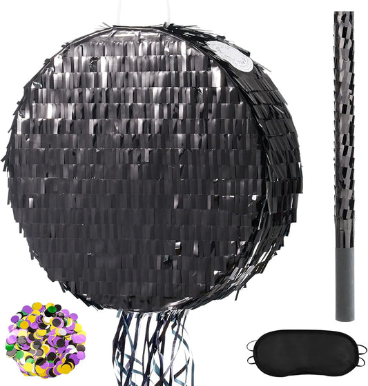 WERNNSAI Black Round Pinata for DIY - Halloween Black Moon Pinata for Kids DIY Birthday Party Disco Decoration for Adult Night Party Supplies with Confetti Bat Blindfold, 12.2”x 12.2”