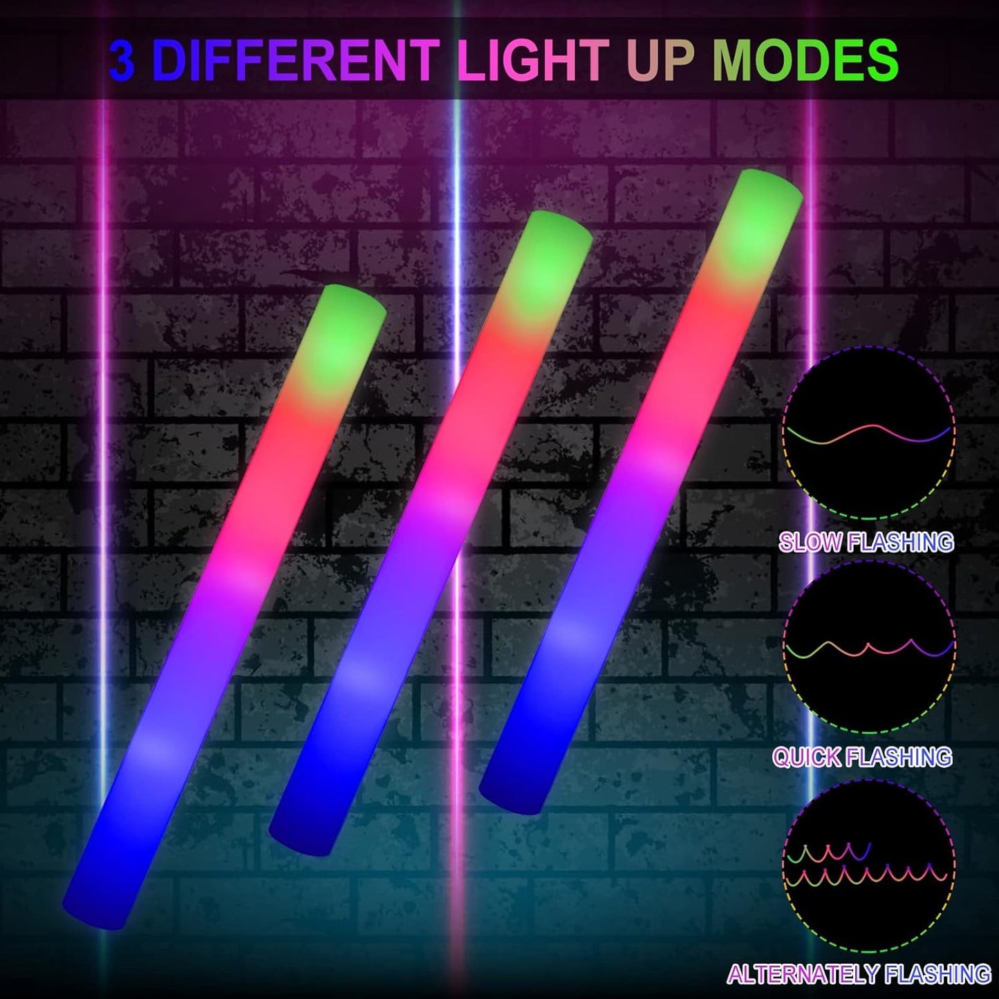 LifBetter Light Up Glow Sticks Bulk, LED Foam Sticks 112 pcs Glow in The Dark with 3 Modes Flashing Led Foam Multicolor Batons Light up Party Favors for Birthdays, Weddings, Concerts, Festivals