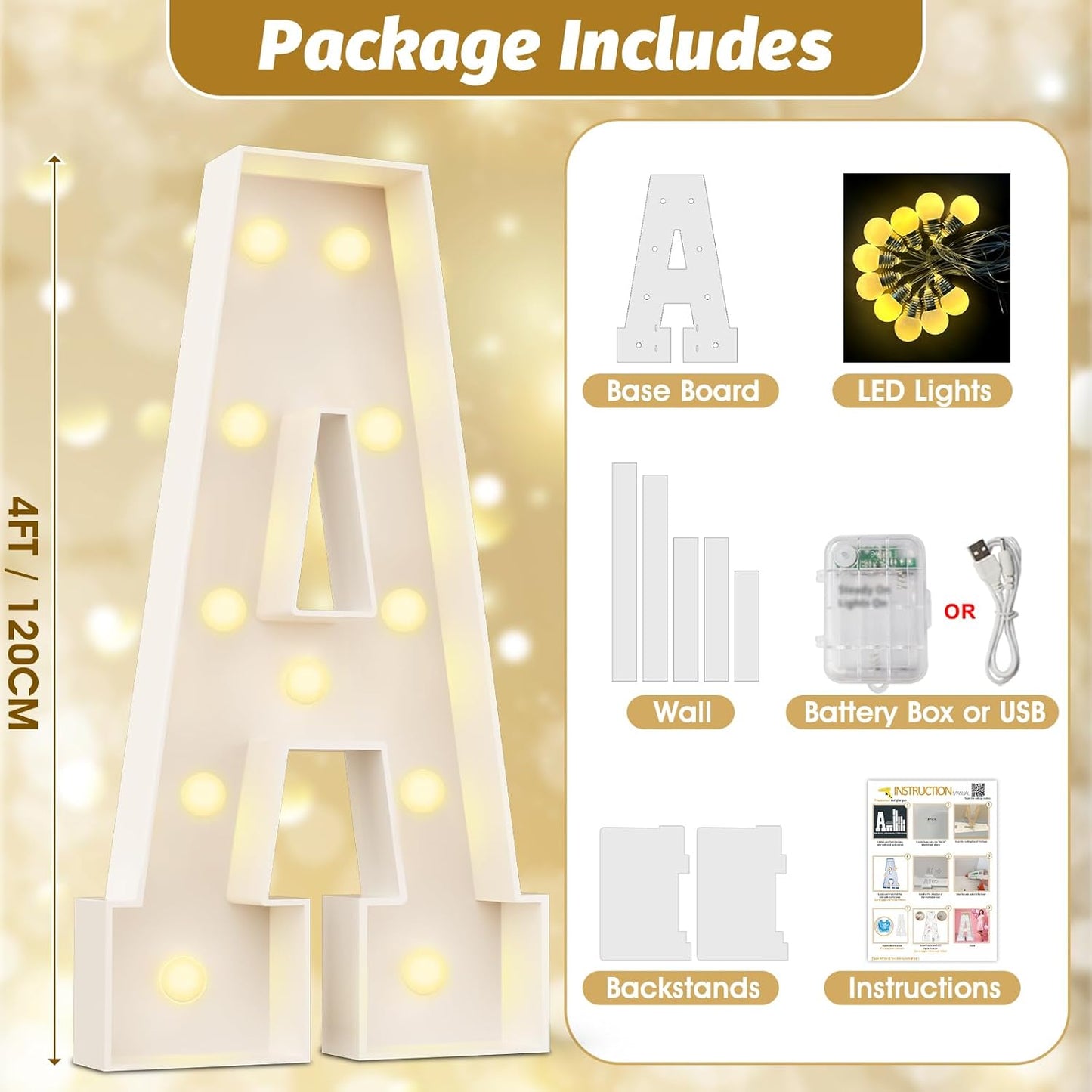 Ledido 4FT Marquee Light Up Letters Large Light Up Letters for Party Decoration, Marquee Letter for Birthday Graduation Baby Shower Wedding, Pre-cut Foam Board Assembly Required Letter U