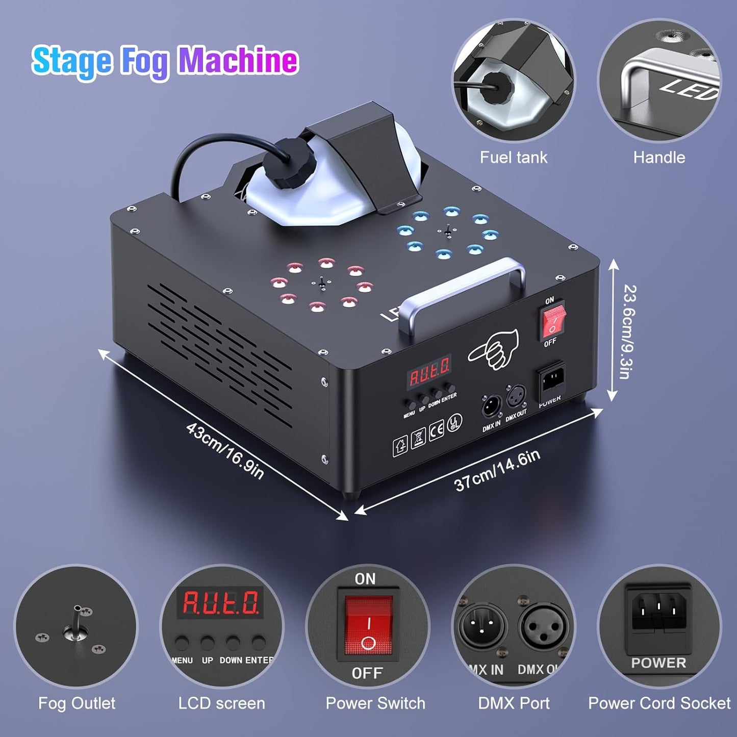 2000W Professional Fog Machine Dual Nozzle with 16 RGB LED, DMX Control Adjustable Smoke Direction, 2.5L Tank LCD Display 30000CFM for Halloween Christmas Stage DJ Party Club Events-8PC