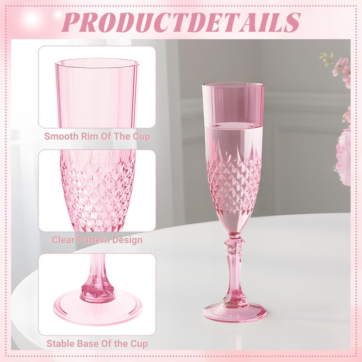 Plastic Champagne Flutes, 48PCS Pink Wine Glasses Goblets Cups Reusable Flute, for Weddings Bachelor Parties Toasting and Events (48, Pink)