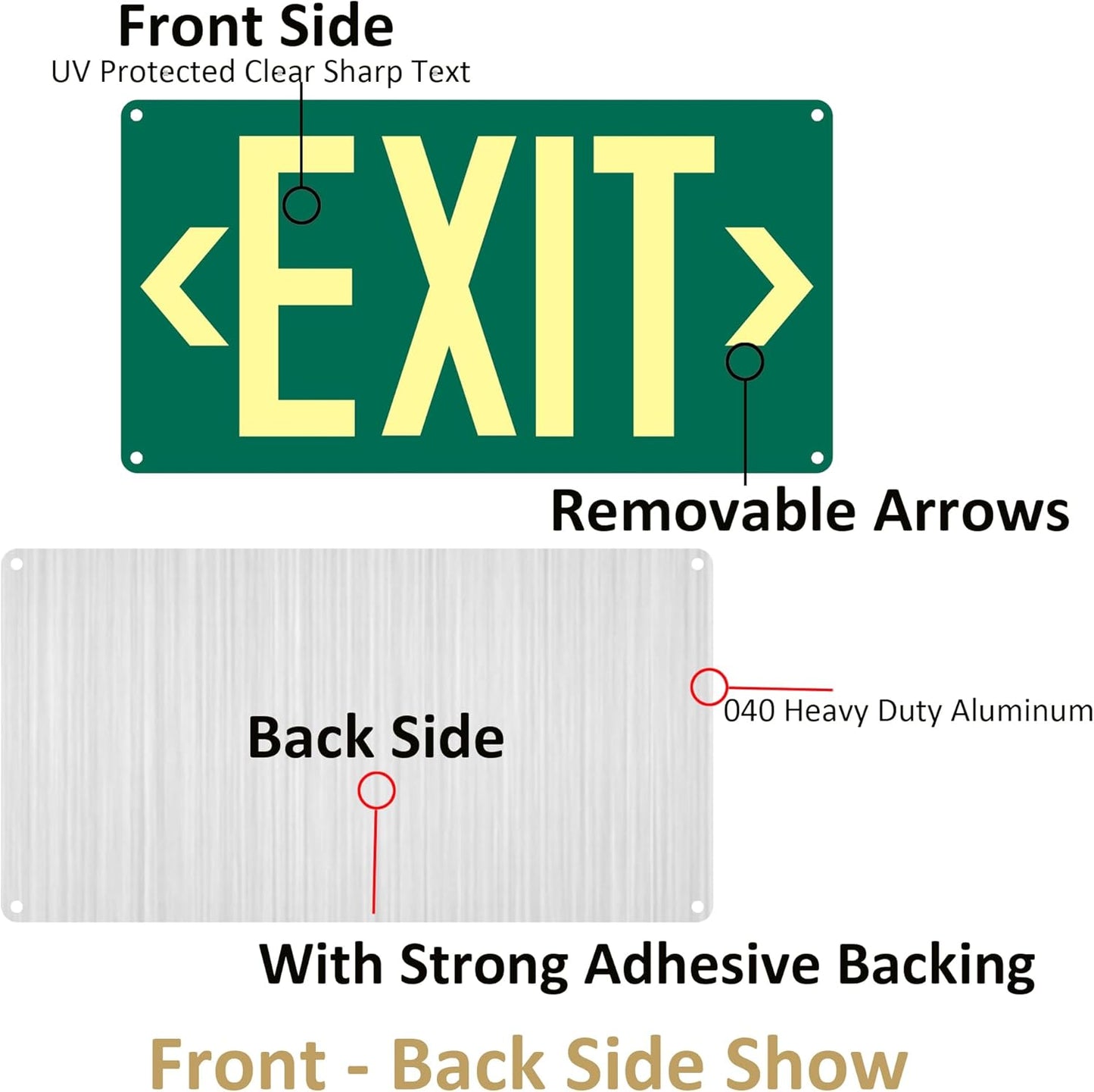 1Pack Photoluminescent Exit Sign Green - Aluminum -14.25"x 7.5" Glow In The Dark Adhesive Backing- Includes 2pcs Removable Arrows- Non Electrical Green Exit Light
