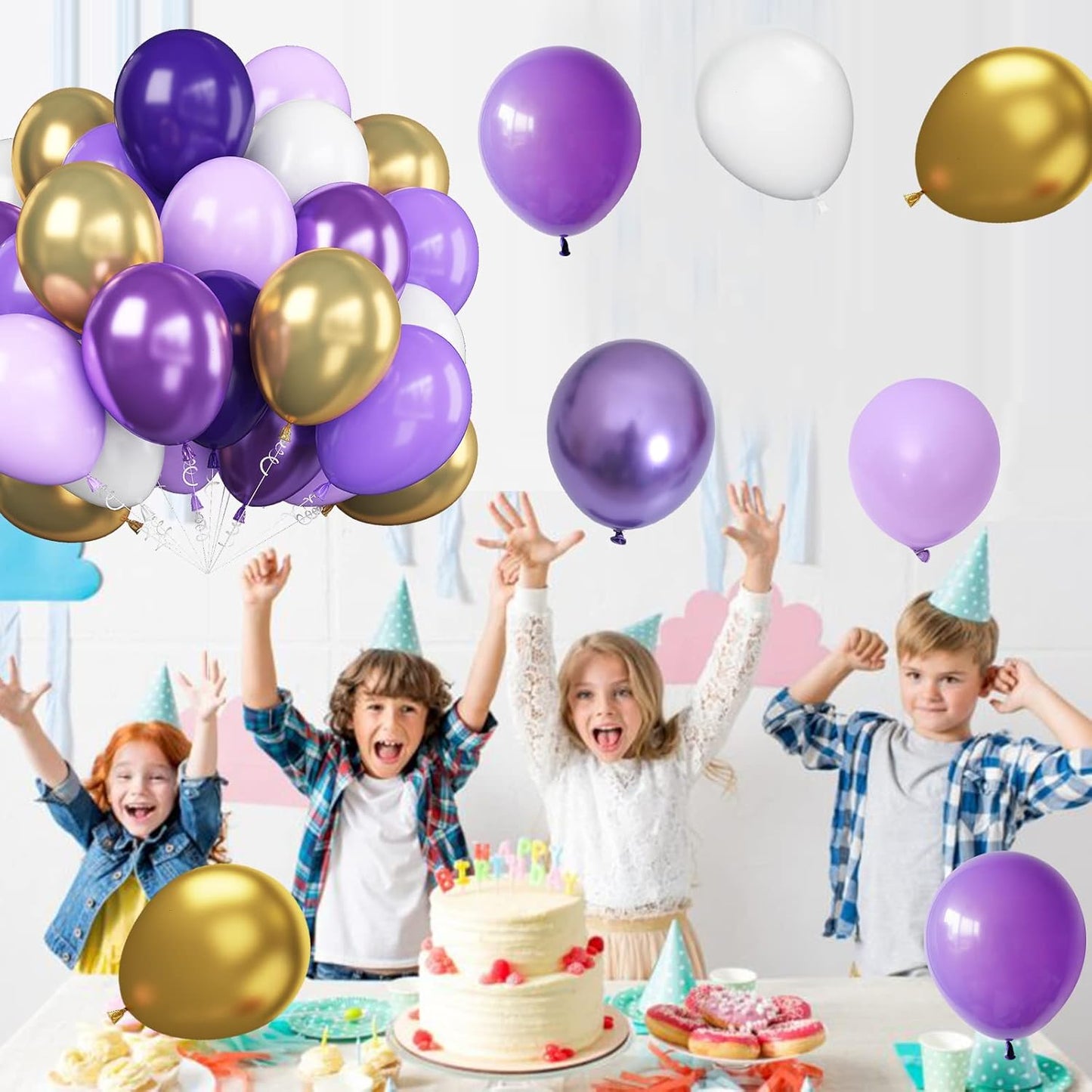 Purple and Gold Balloons, 50pcs 12 Inch Purple Gold White Balloons Metallic Purple Balloons Pastal Purple White Balloons for Purple Birthday Decorations Shower Princess Theme Party Decorations