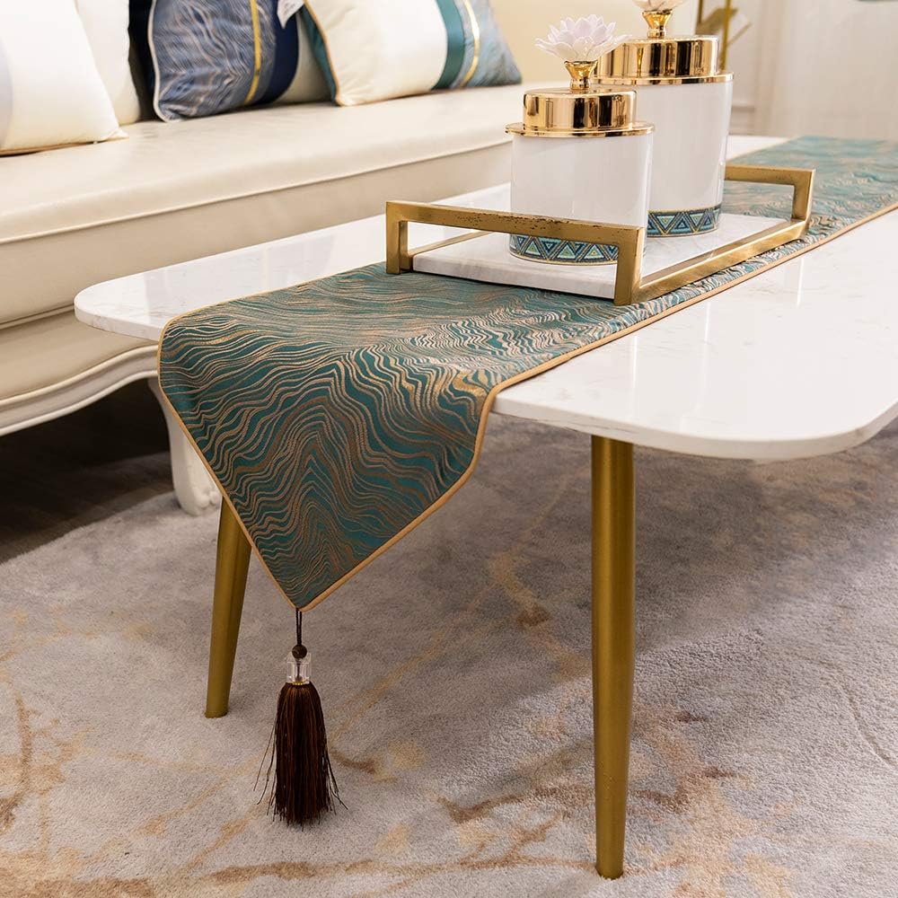 Avigers 12 x 90 Inch Decorative Luxury Abstract Striped Green Teal Table Runners with Tassels for Home Living Room Bedroom Art Decor Wedding
