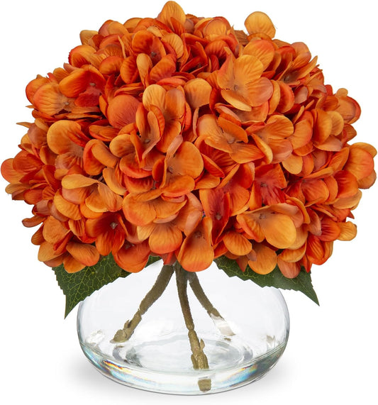 Hollyone Orange Fall Hydrangea Artificial Flowers for Decoration with Vase Silk Fake Flowers Arrangements in Glass Vase with Faux Water Autumn Festival Table Centerpiece Fall Decorations for Home