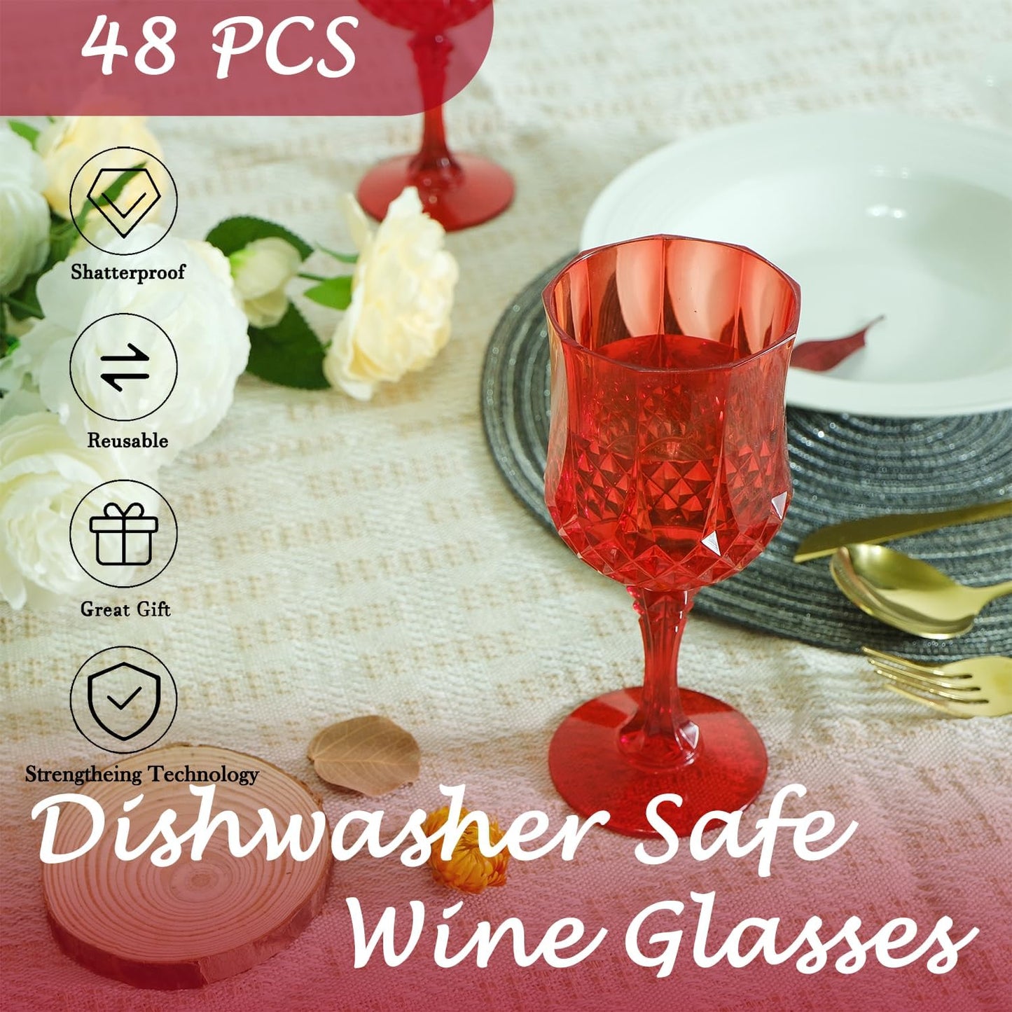 Plastic Wine Glasses，Plastic Goblets Vintage Style Cordial Drinking Glasses for Wedding Reception, Christmas Grand Event Party Supplies (48, Red)