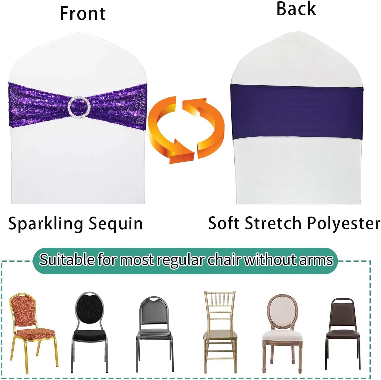 25 Pcs Chair Sashes Sequin Stretch Chair Bands Spandex Polyester Bows for Party Hotel Wedding Banquets Decoration - Purple