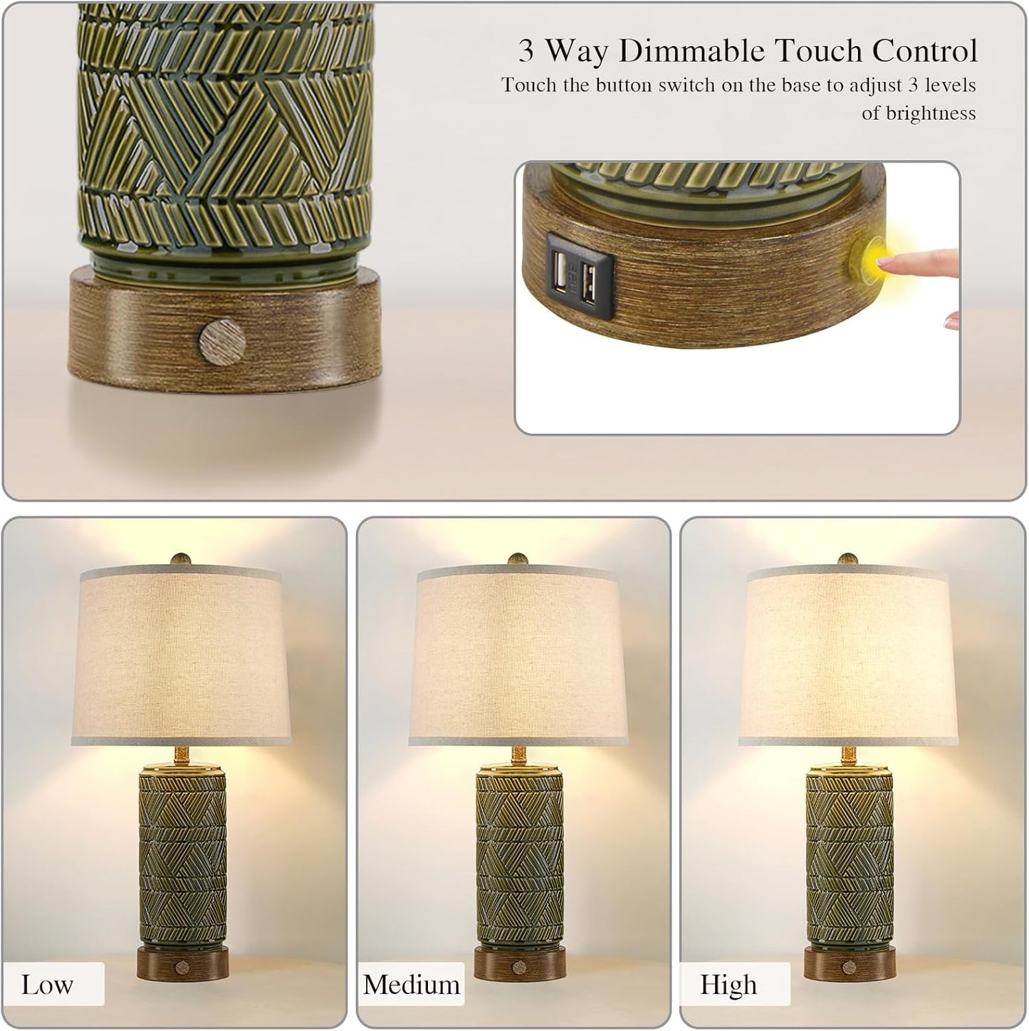 RORIA Set of 2 Retro Touch Table Lamps for Living Room Bedroom, 3 Way Dimmable Nightstand Lamp with 2 USB Port, Farmhouse Rustic Ceramic Desk Lamps for End Table Bedside, LED Bulbs Included