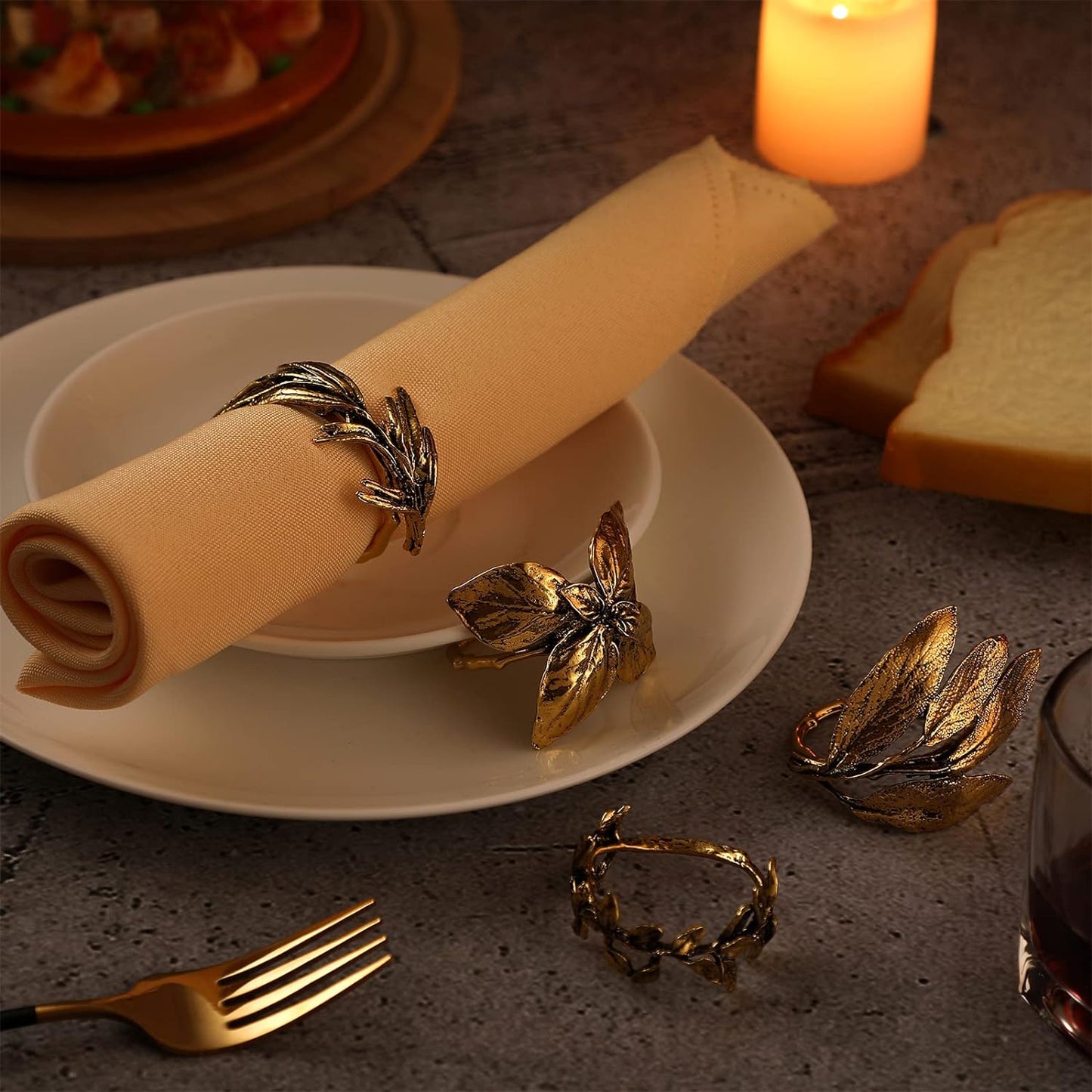 Cunhill 8 Pieces Herb Napkin Rings Set Vintage Leaf Napkin Holders Rings Glossy Holder Adornment Metal Table for Graduation Holidays Wedding Graduation Party Decor Everyday Use(Gold)