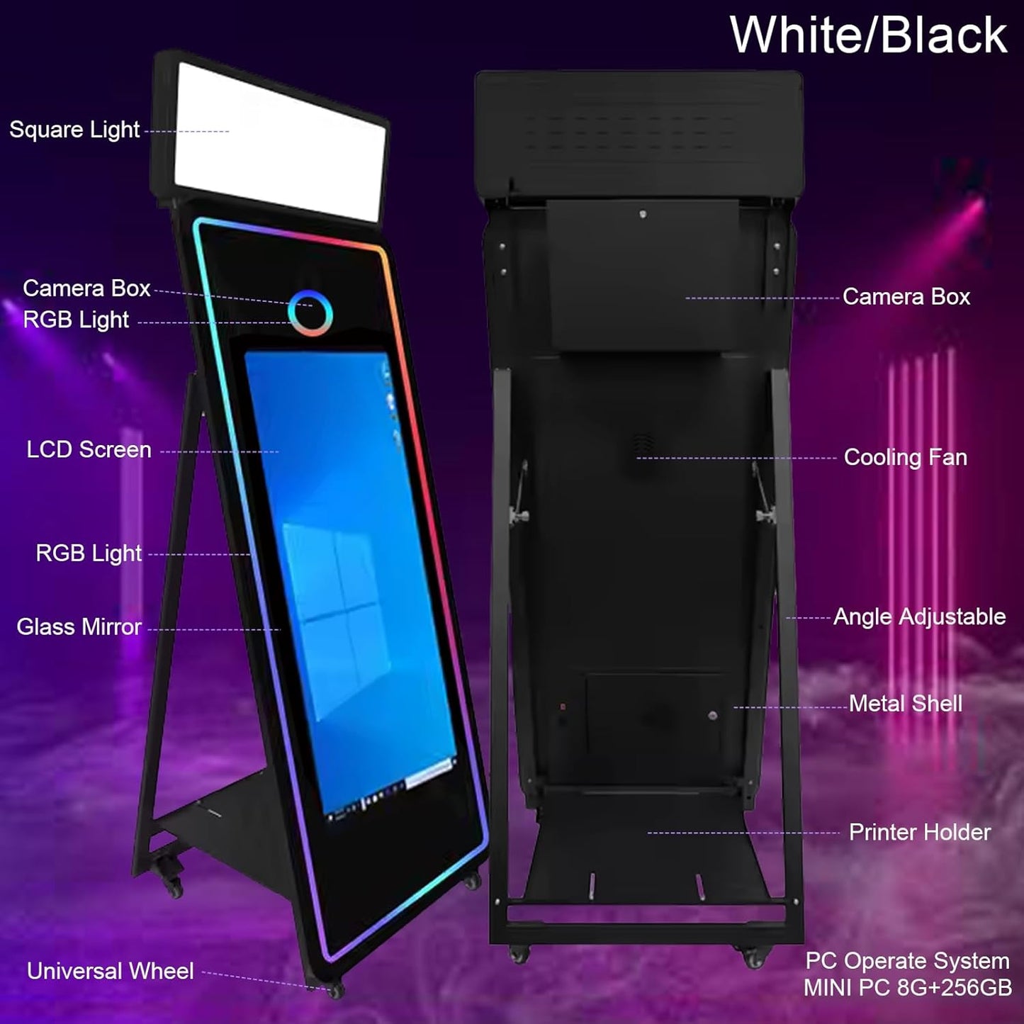 65''Magic Mirror Photo Booth Machine,Mirror Photo Booth 43''Touch Screen,Photo Booth with Flight Case,App Control,RGB Light for Wedding Party Events (White, Machine+Camera)