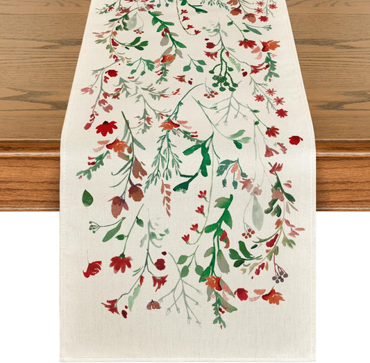 Artoid Mode Floral Leaves Christmas Table Runner, Wild Flowers and Grasses Winter Kitchen Dining Table Decoration for Home Party Decor 13x60 Inch