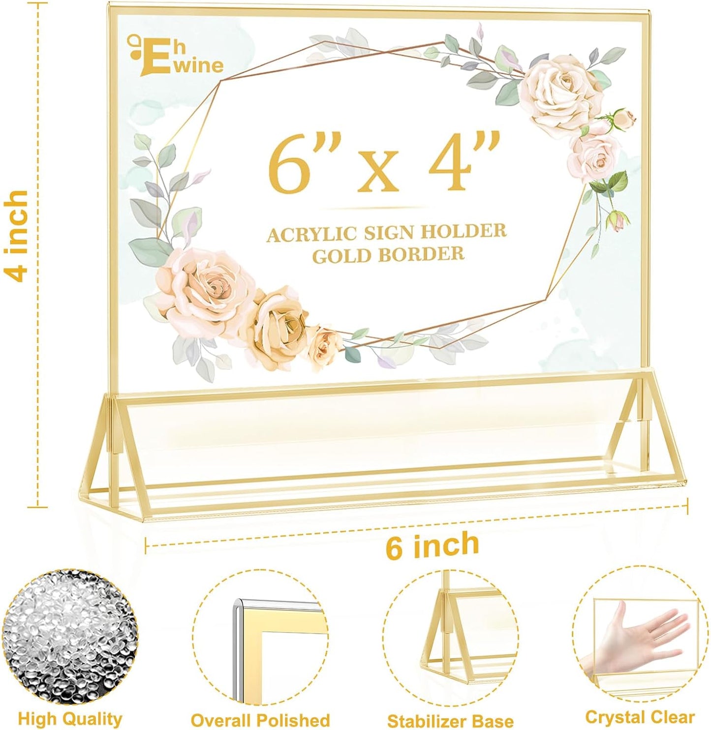 EHWINE 12 Pack Acrylic Sign Holder 4 x 6 Horizontal, Double-Sided Stand up Table Top Sign Holders, Gold Acrylic Picture Frame Menu Flyer Paper Holder Display Stand for Office Business Store Wedding Party