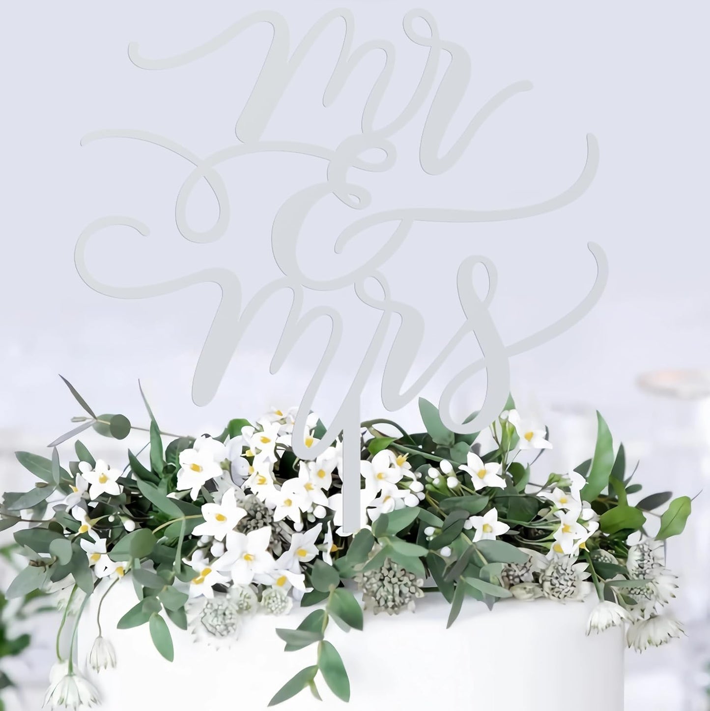 Mr and Mrs Cake Topper - Glitter Silver Acrylic Wedding Cake Decorations, Bride and Groom Cake Pick (Silver)