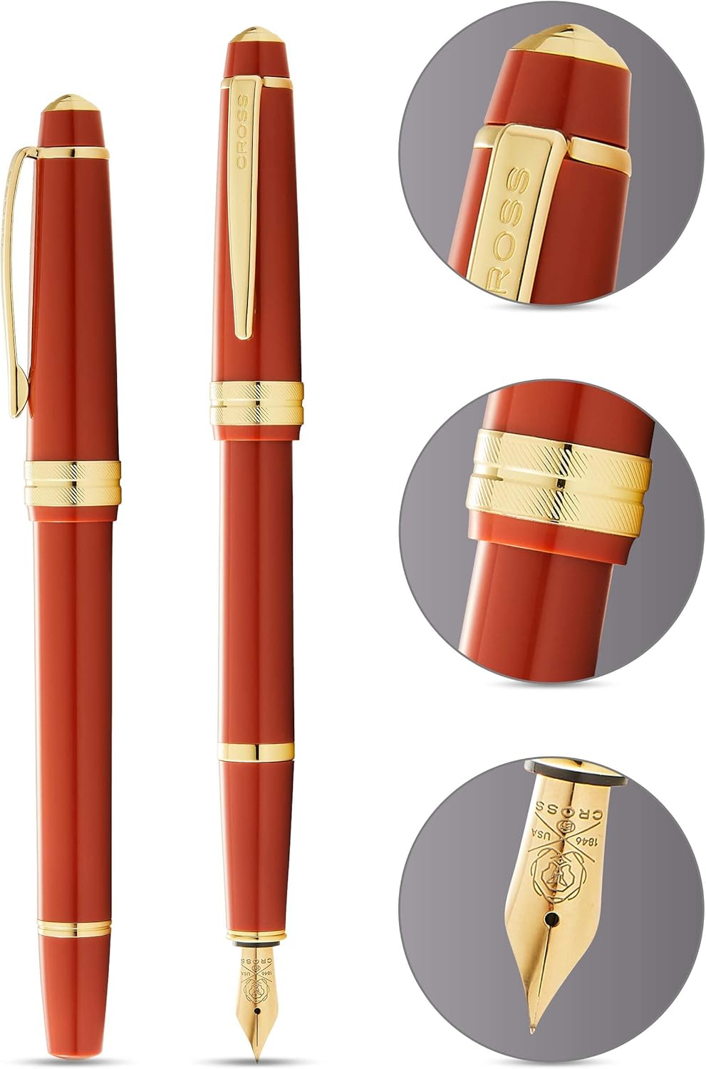 Cross Bailey Light Refillable Fountain Presented in a Everyday Gift Box - Medium Point, Black Ink, Polished Amber