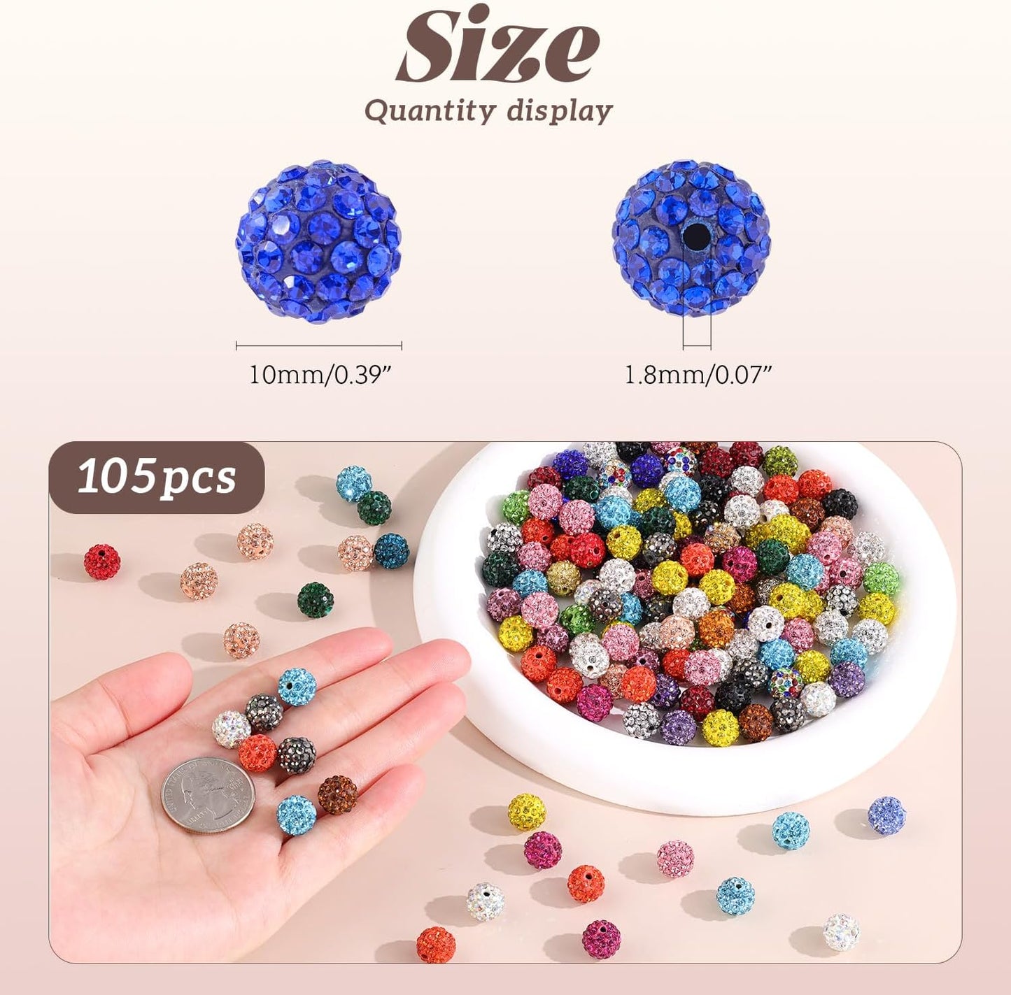 105pcs 10mm Rhinestone Beads for Jewelry Making, Pink Shiny Round Disco Ball Beads Bulk, Sparkle Crystal Clay Christmas for Bracelet Baseball Necklace Earring Crafting and DIY