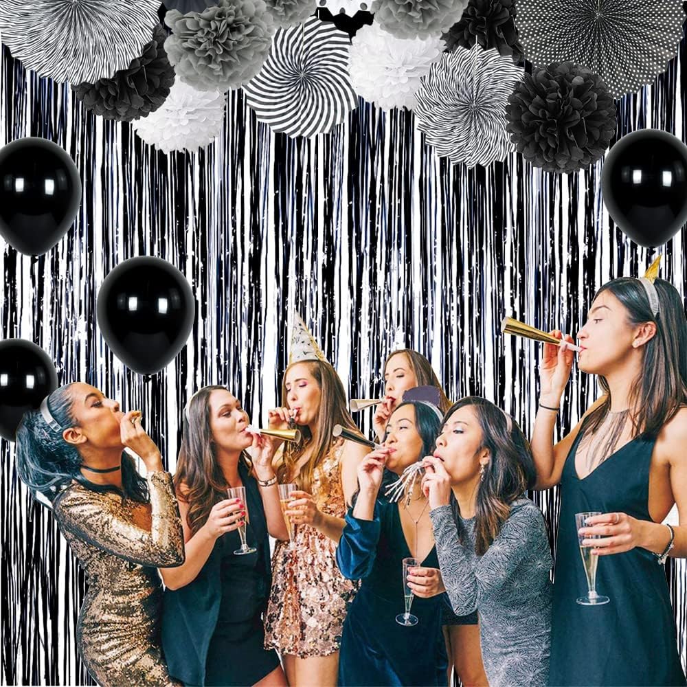 BEISHIDA 2 Pack Foil Fringe Curtain,Black Tinsel Metallic Curtains, Photo Backdrop Streamer Curtain for Halloween Wedding Bridal Shower Birthday Bachelorette Graduation Party Decor(3.28 ft x 6.56 ft)