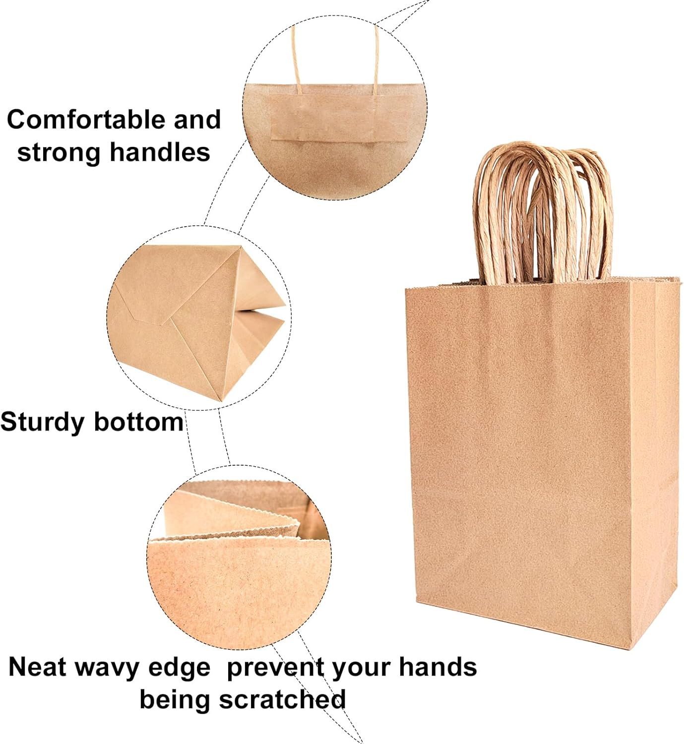 BAG BOX 50 Pack 5.9x3.1x8.25 Inch Brown Gift Bags with Handles,Bulk Kraft Paper Bags for Shopping, Retail, Merchandise, Wedding, Party Favors, Paper Grocery Sacks