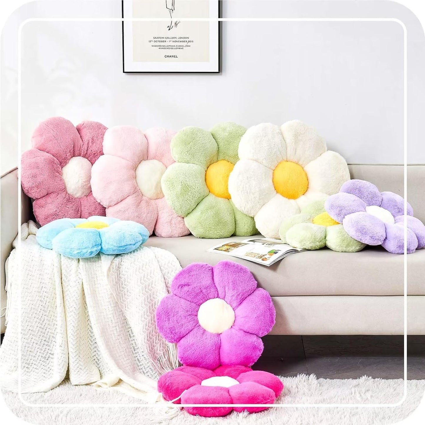 White Flower Plush Throw Pillow, Cute Decorative Flower Shaped with Faux Rabbit Fur, 14.9" Soft Throw Pillow for Bedroom Living Room