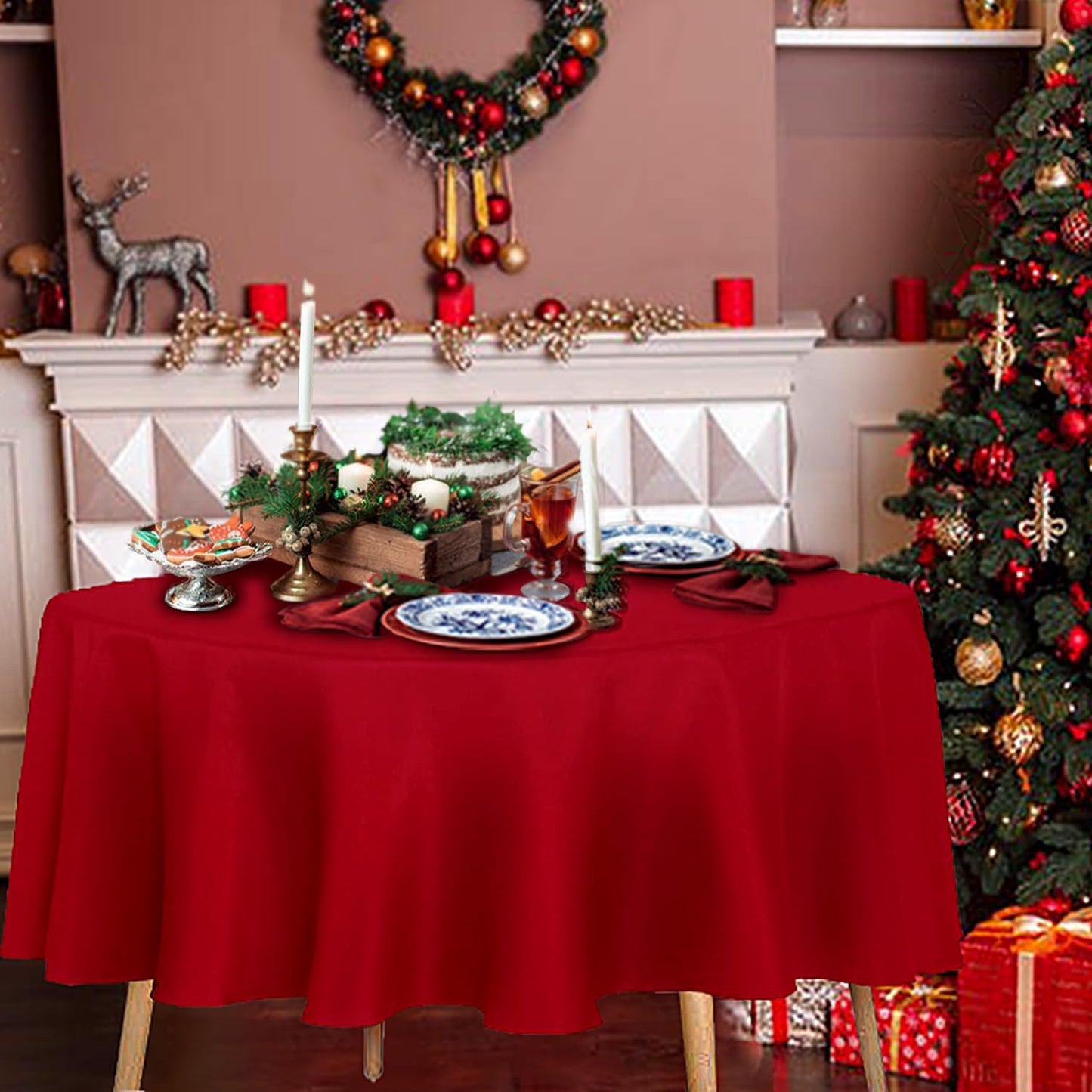 sancua Round Tablecloth - 60 Inch - Water Resistant Spill Proof Washable Polyester Table Cloth Decorative Fabric Table Cover for Dining Tables and Buffet Parties, Christmas Red