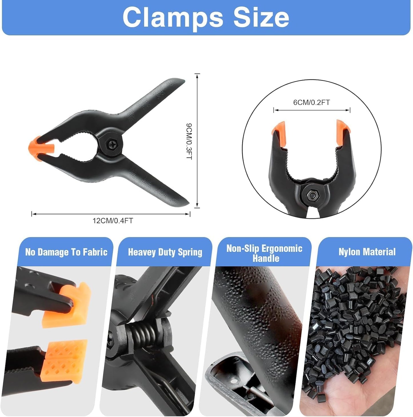 6 Pack 4.5 Inch Heavy Duty Spring Clamps + 6 Pack Backdrop Clips, Elastic Nylon Backdrop Clamps Holder Background Clips for Video Photography Background Support, Canvas, Creation and Home Use