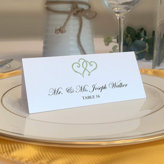 Linked Hearts Place Cards, Sage (Choose Color), Set of 25, Pre-cut and Scored - Wedding, Party, Dinner, and Special Events - Made in the USA