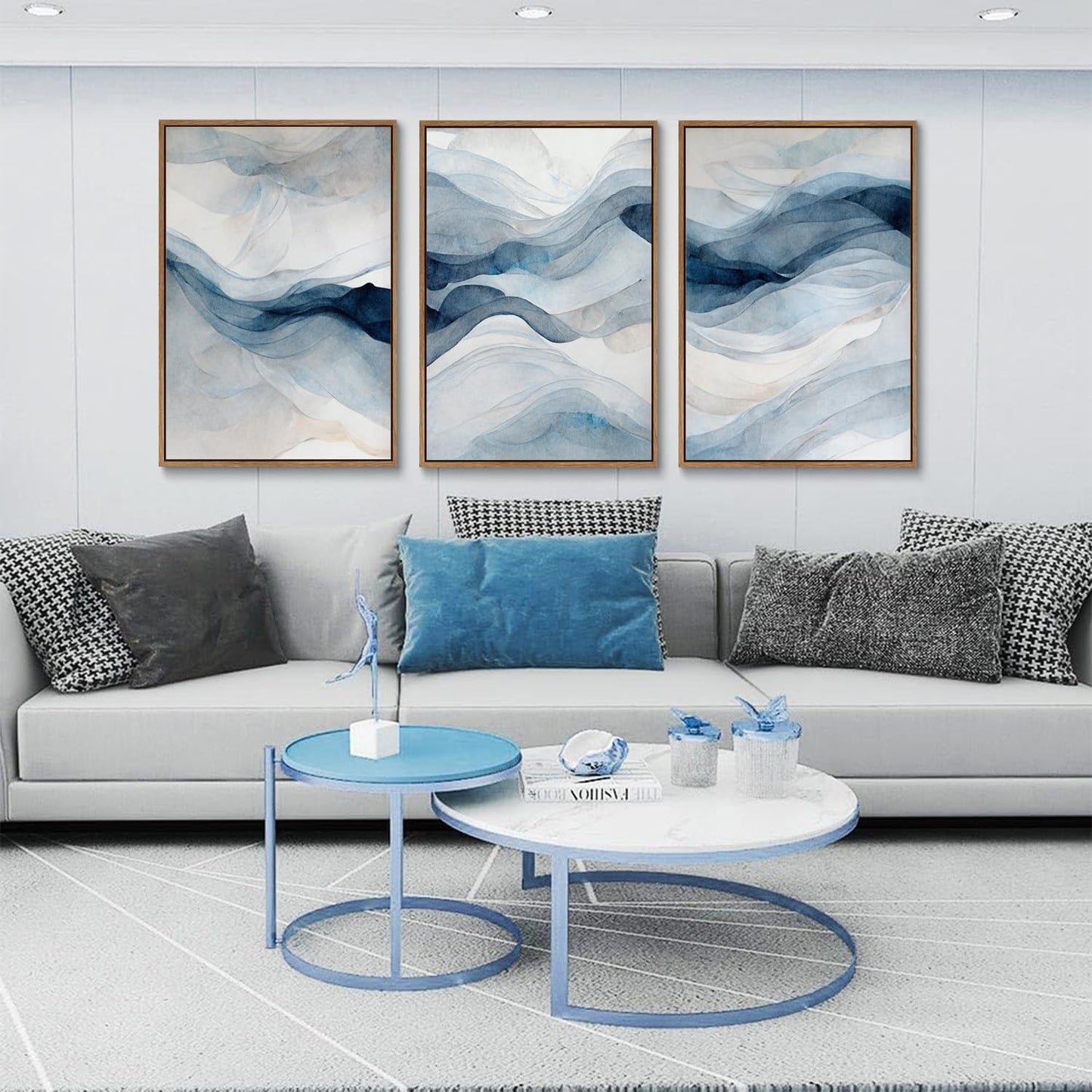 myusuar 3 Piece Large Abstract Framed Wall Art For Living Room, Smoke Texture Ink Navy Blue Canvas Wall Art Modern Minimalist Art Prints Wall Décor For Bedroom Office 12x16in
