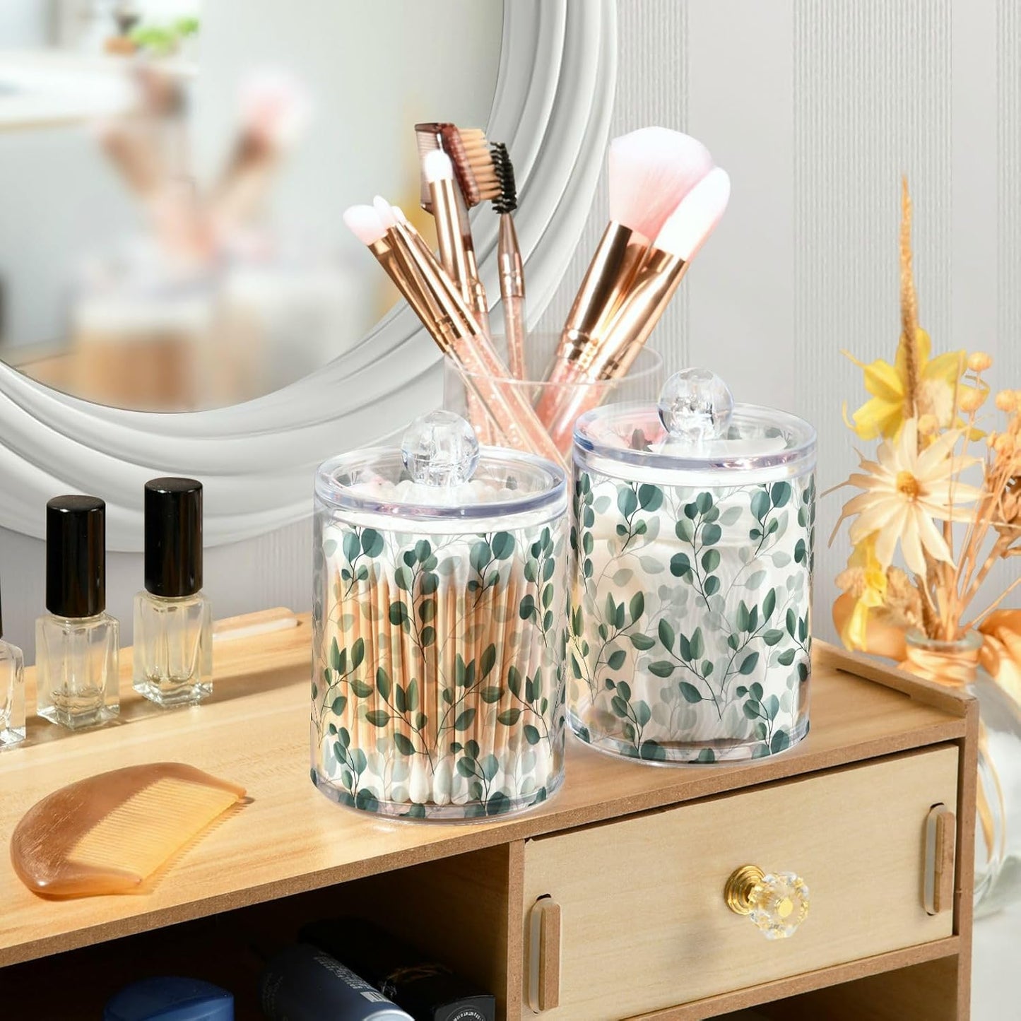 Qtip Holder Dispenser 4 Pack Green Watercolor Floral Leaves Apothecary Jars with Lids Bathroom Vanity Countertop Canister Storage Organizer for Cotton Ball,Swabs,Pads,Floss
