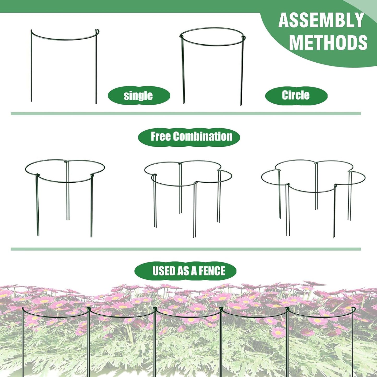 6 Pack Tall Plant Support Stakes, Peony Cages and Supports Large 10" Wide x 24" High Tall Peony Ring Supports, Garden Plant Stakes for Outdoor Plants Rose, Tomato, Hydrangea, Flowers(100 Plant Ties)