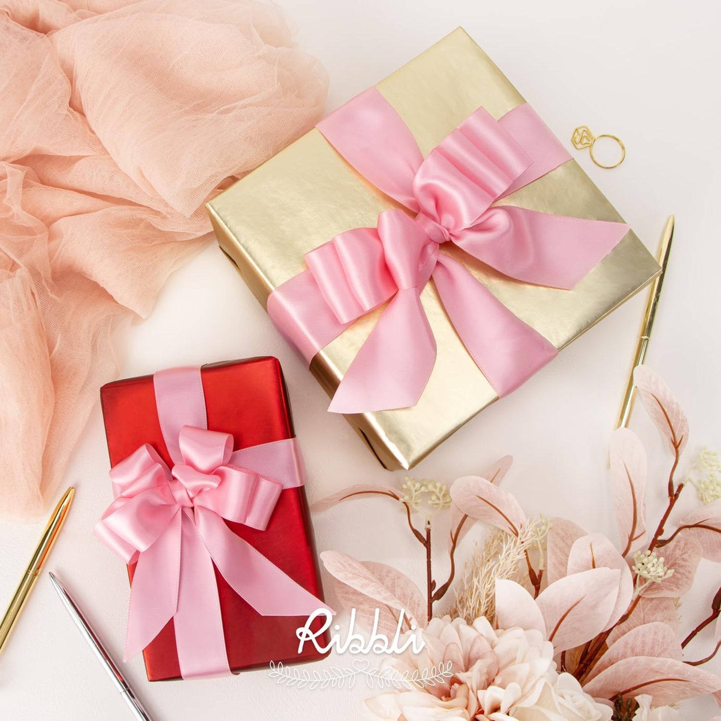 Ribbli Pink Double Faced Satin Ribbon,1-1/2” x Continuous 25 Yards,Use for Bows Bouquet,Gift Wrapping,Baby Shower,Floral Arrangement