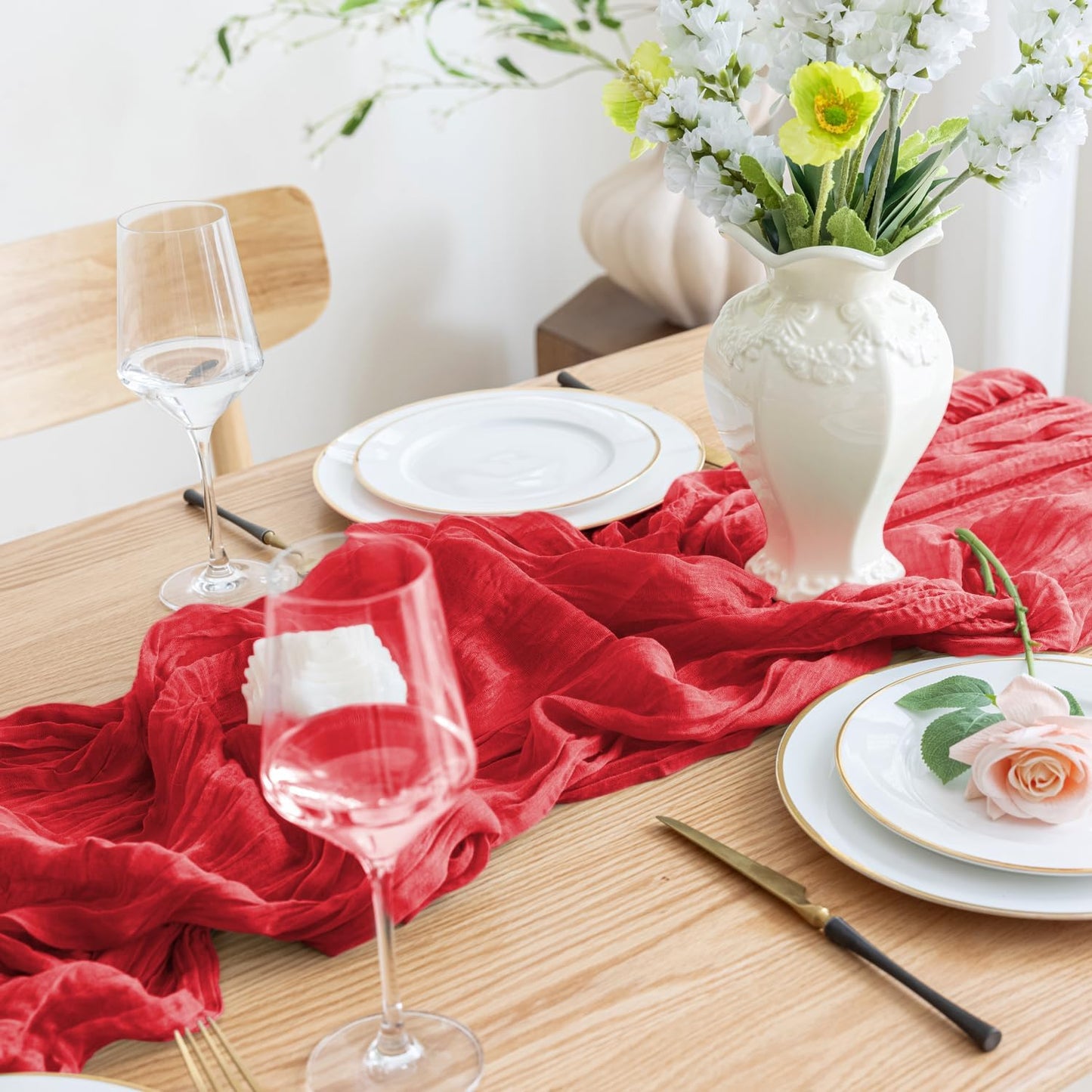 Asee'm 12PCS Fall Table Runner Cheesecloth 10FT Red Boho Gauze Fabric Rustic Sheer Cheese Cloth Runners for Thanksgiving Christmas Wedding Bridal Shower Party