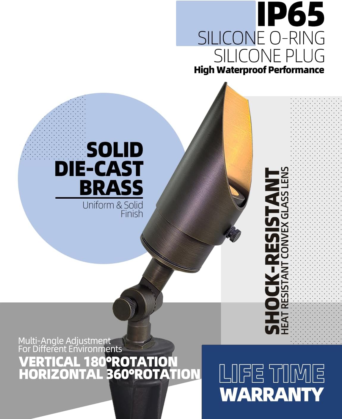 MALORY Brass Landscape Spotlight 1-Pack with MR16 Bulb Kit(S04), Low Voltage 12V AC/DC Shroud Adjustable Outside Yard Lighting,PVC Ground Stake and Wire Connector Included, 5W 2700K Warm White