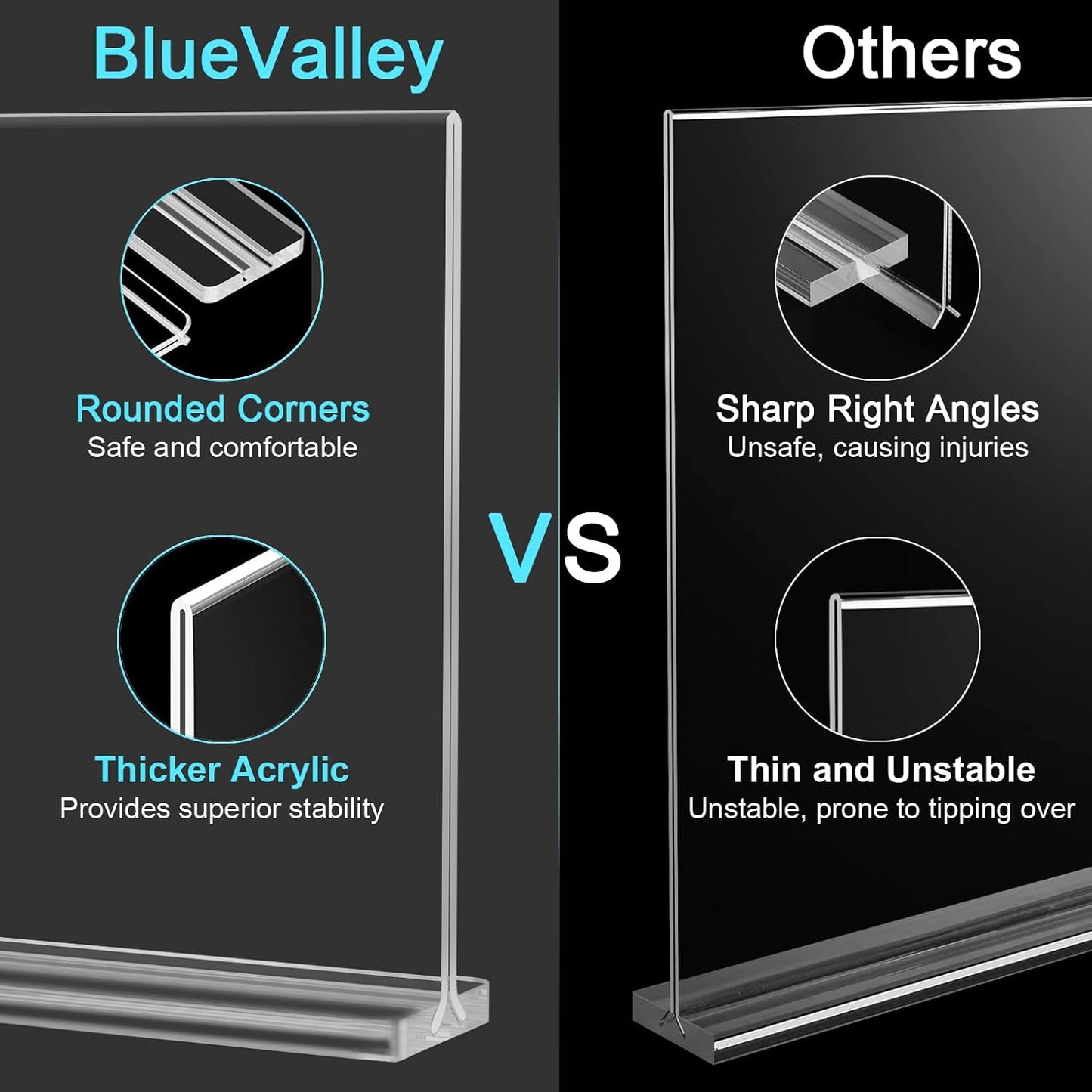 BlueValley Acrylic Sign Holder 8.5 x 11 Vertical - Double Sided Clear Sign Holders Plastic Stands for Display-6 Pack Document Paper Sign Stand for Table Top, Office, Restaurant, Store, Wedding, Party, Show Fairs