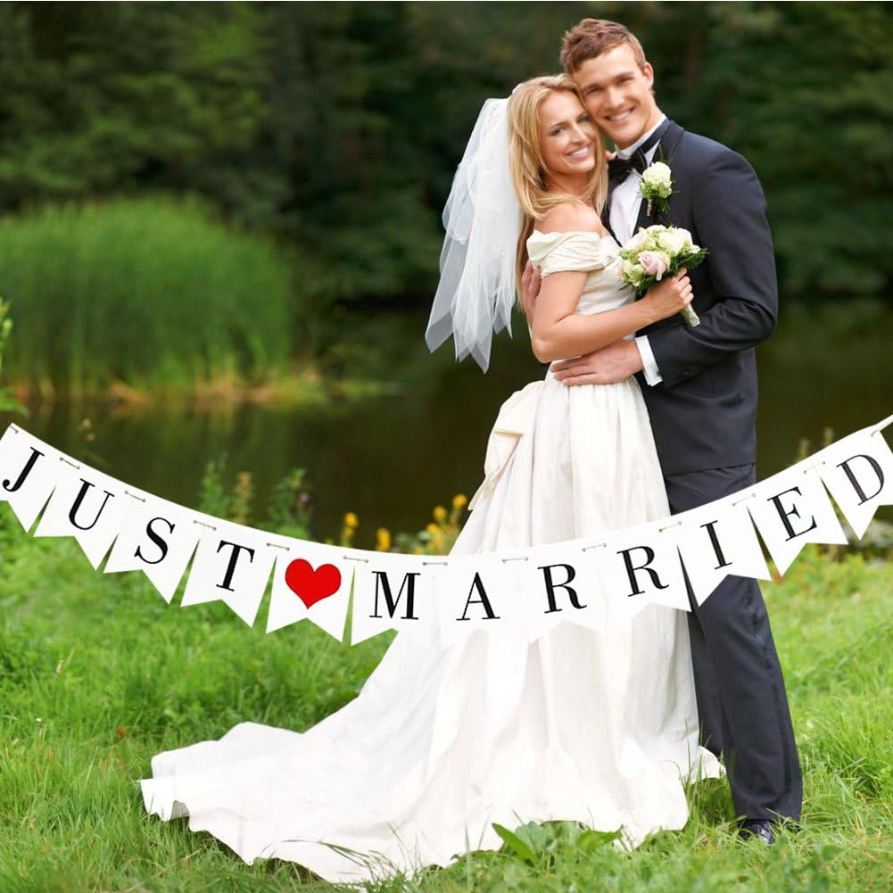 JUST Married Wedding Banner Set, Wedding Decorations for Reception, Bridal Shower and Engagement Photo Prop,Car Decorations