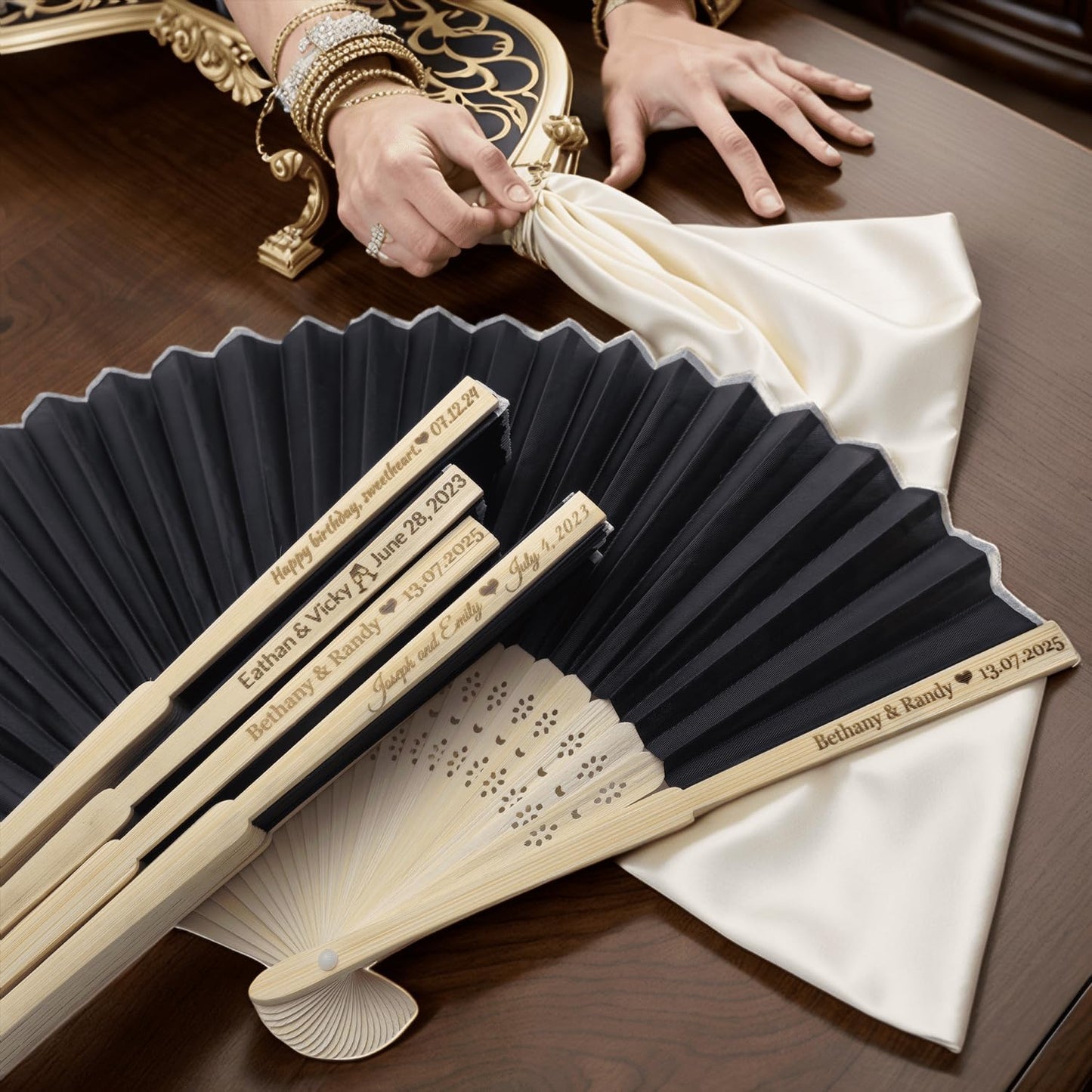3Pcs Personalized Silk Fans Folding Hand Fan, Custom Wedding Bridal Party Favors, Summer Wedding Bride, Wedding Gift, Thank You Gift (Black)