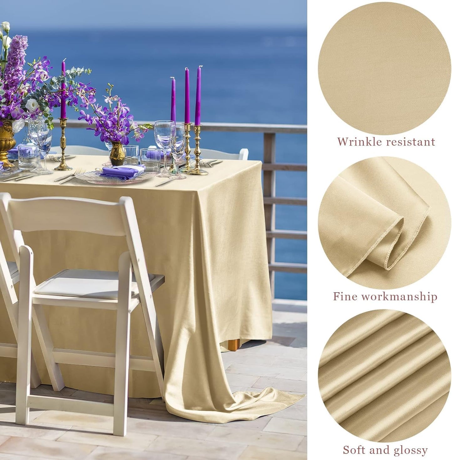 TURSTIN 4 Packs Champagne Satin Tablecloth 102 x 58 Inch Overlay Satin Table Cover Rectangle Bright Silk Tablecloth Smooth Fabric Table Decoration for Wedding Banquet Party Events