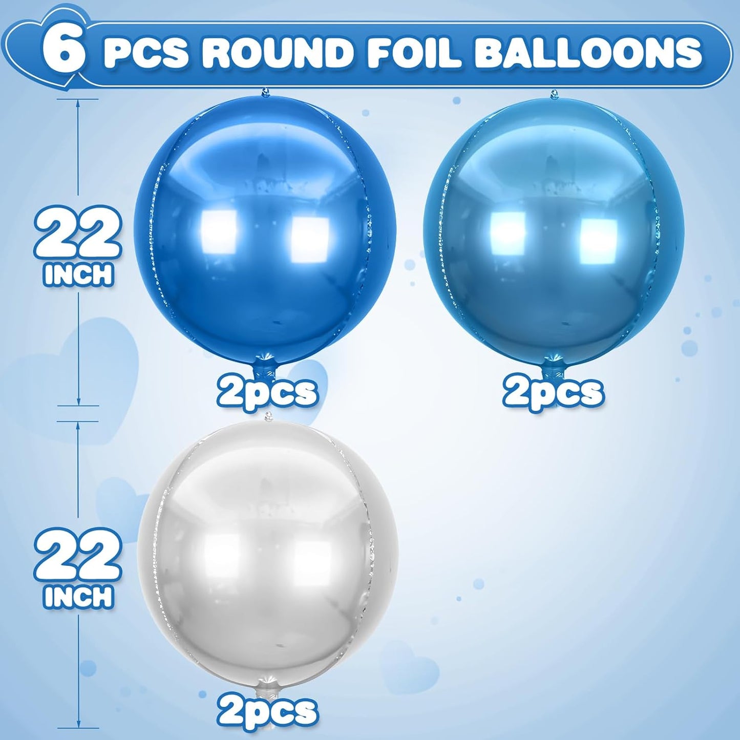 6Pcs Blue Silver Round Foil Balloons,Giant 4D Round Ball Balloons,22 Inch Metallic Blue Silver Balloon for Birthday Wedding Graduation Prom Party Decorations