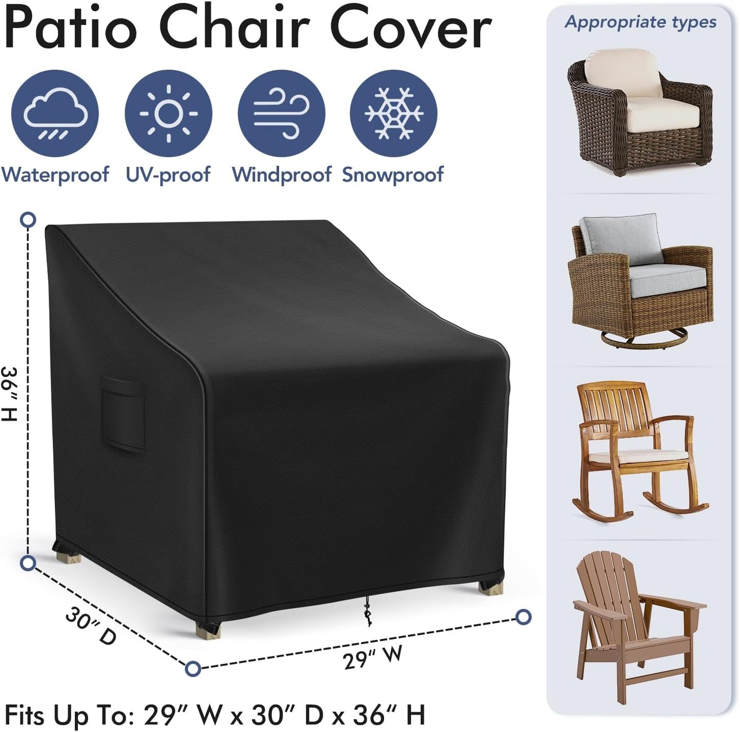 Patio Furniture Covers Waterproof for Chairs, Lawn Outdoor Chair Covers 2 Pack, Patio Chair Covers for Outdoor Furniture Fits up to 29W x 30D x 36H inches, Black