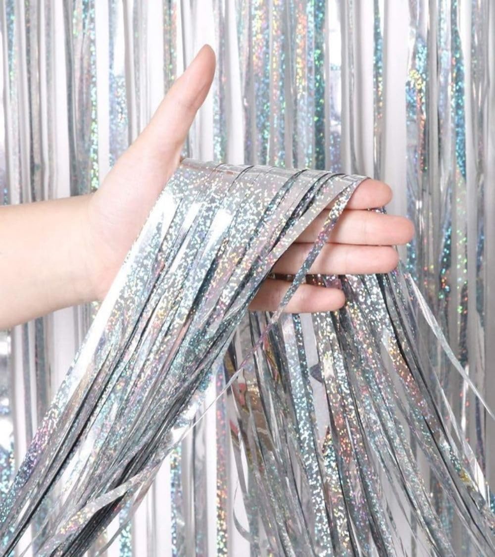 BTSD-home 10 Pack Laser Silver Foil Fringe Curtain Metallic Streamer Party Decorations Photo Booth Backdrop Door Curtains for Wedding Birthday Baby Shower Bachelorette Halloween