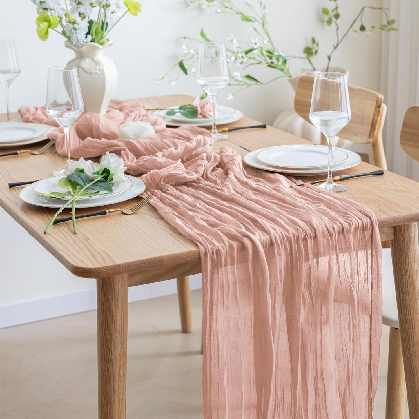 Asee'm 6PCS Table Runner Cheesecloth 10FT Dusty Pink Boho Gauze Fabric Rustic Sheer Cheese Cloth Runners for Wedding Bridal Shower Party