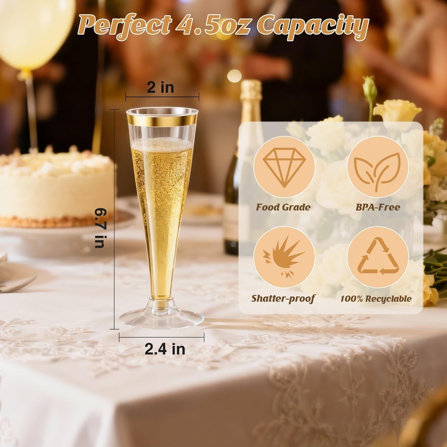 100 Pack Champagne Flutes Plastic Wine Glasses Disposable, 4.5 Oz Gold Rim Mimosa Glasses for 2025 Engagement Wedding Birthday New Years Eve Xmas Party Supplies, Bulk Toasting Cocktail Cups