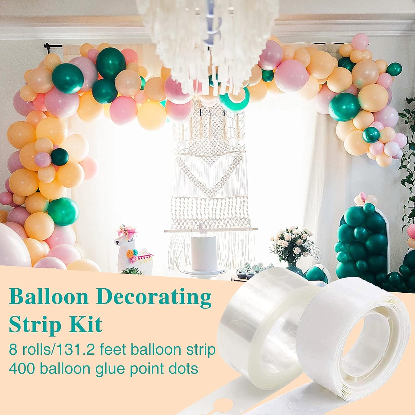 12 Rolls Balloon Arch Tape, 131.2 Feet Tape Strip with Holes, 400 Removable Dots for Party Decorations, Birthday, Wedding, Baby Shower, Christmas, Halloween, Thanksgiving